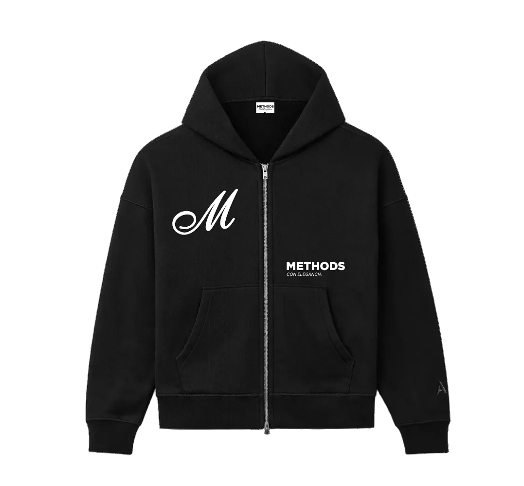 Black hoodie with white text on a white background